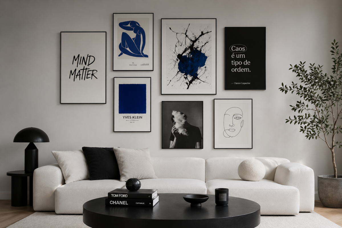 Parede com quadros decorativos minimalistas com arte abstrata em tons neutros e azul, representando equilíbrio entre caos e minimalismo