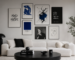 Parede com quadros decorativos minimalistas com arte abstrata em tons neutros e azul, representando equilíbrio entre caos e minimalismo