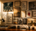 Parede com quadros decorativos que representam memórias, viagens e identidade pessoal em ambiente artístico aconchegante e decoração com sginificado.