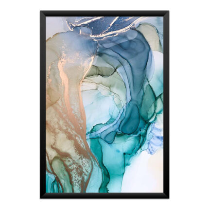 O quadro abstrato aquarela com formas orgânicas em azul e verde traz leveza e fluidez, perfeito para uma decoração moderna e elegante.