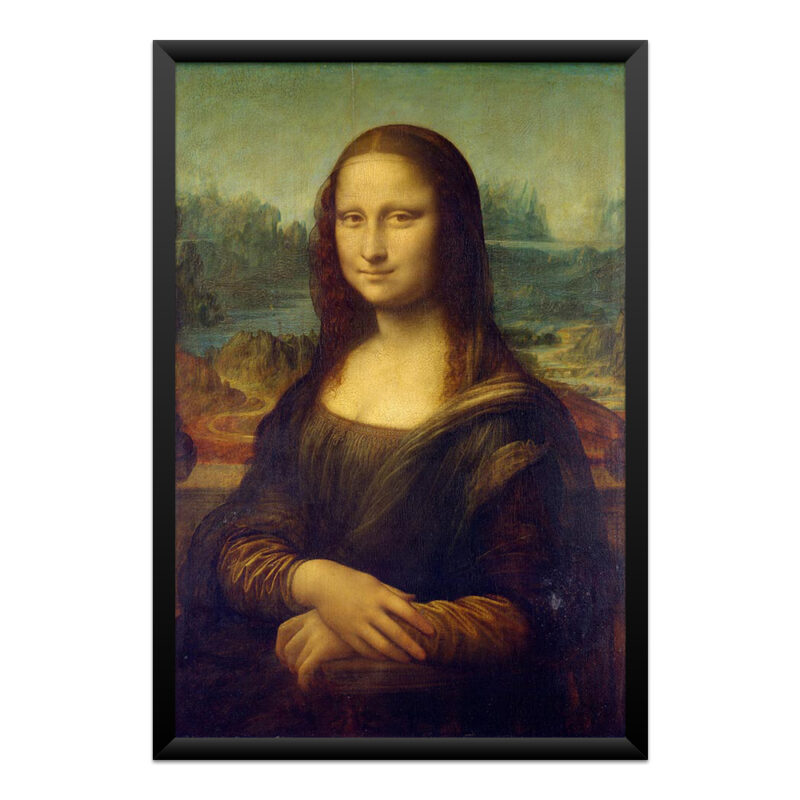 Quadro Mona Lisa de Leonardo da Vinci com moldura preta, arte clássica renascentista para decoração