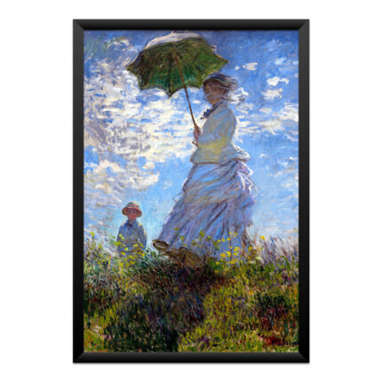 O quadro Woman with a Parasol de Monet apresenta leveza e elegância do impressionismo, ideal para ambientes claros.
