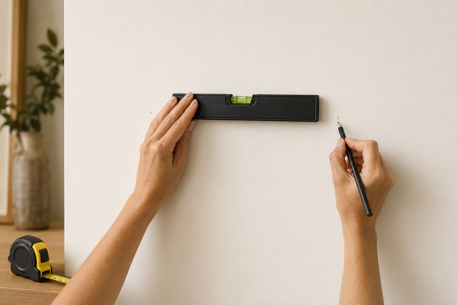 Medição e nivelamento da parede para posicionar quadros corretamente