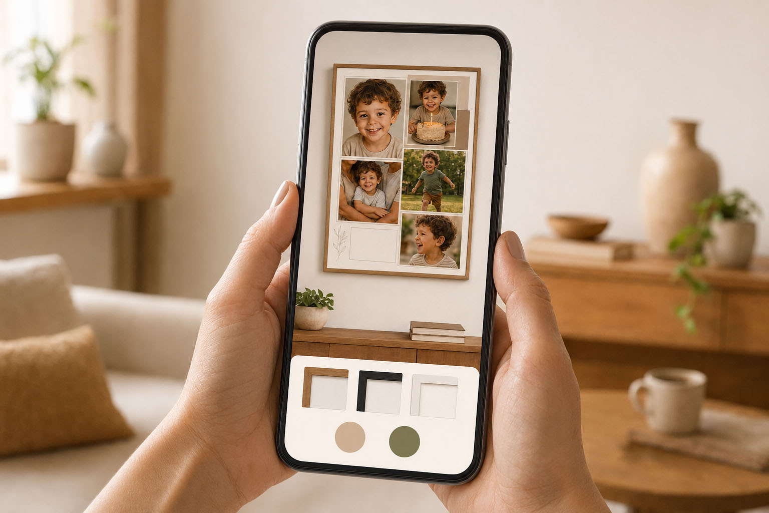 Prévia digital de um quadro personalizado sendo conferida no celular